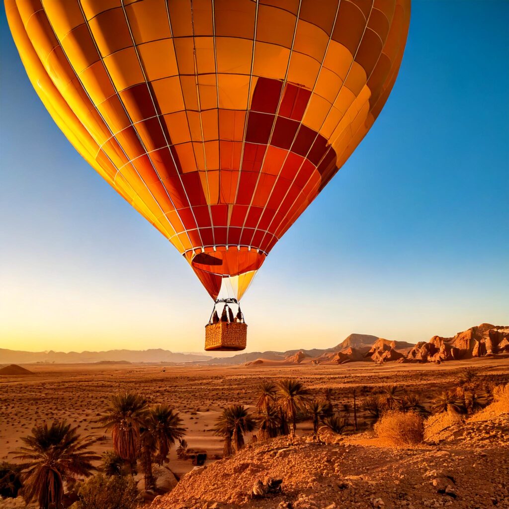 Une montgolfière majestueuse flottant dans le ciel au lever du soleil, remplie d’un groupe d-2