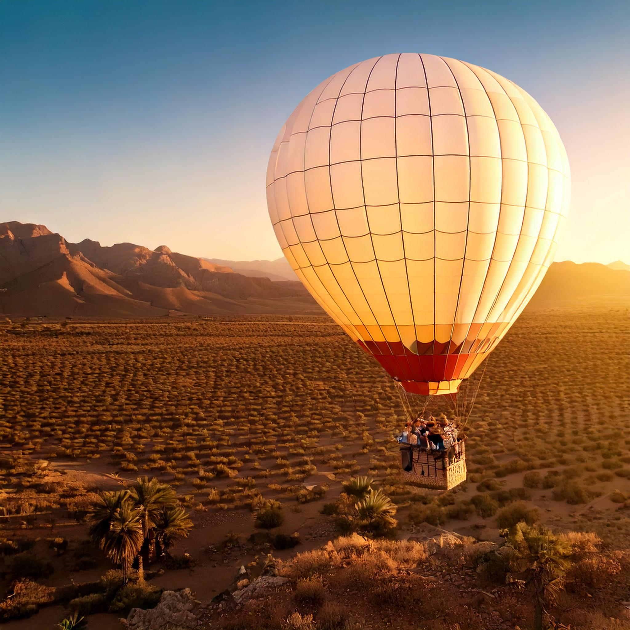 Une montgolfière majestueuse flottant dans le ciel au lever du soleil, remplie d’un groupe de personnes souriantes et enthousiastes. Les passagers, de différents âges et horizons, partagent un moment de convivialité et d’émerveillement, prenant des photos et profitant de la vue panoramique. L’ambiance est chaleureuse et joyeuse, avec un magnifique paysage de désert, de palmeraie et de montagnes en arrière-plan. L’image dégage un sentiment d’aventure, de partage et d’expérience inoubliable. Style réaliste, haute définition, lumière naturelle dorée et atmosphère immersive